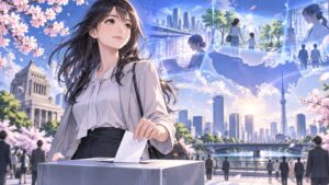「今一度東京都に住んでる方が、将来未来が見える立候補者を今一度考えて、特別な、事情が無い限り選挙に行ってくださ…」を題材にした架空の成人人物のアニメ風イラスト