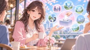 「声を掛け合って投票率を上げましょう」を題材にした架空の成人人物のアニメ風イラスト