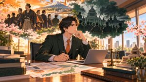 「明治維新は反政府暴動を起こし成功し日本は良くなり、ニ.ニ.六事件は太平洋戦争に進む政治家達に嫌気が差し軍属1…」を題材にした架空の成人人物のアニメ風イラスト