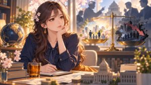 「今の野党が政権をとったらかつての民主党時代よりさらに酷い事になるのは目に見えてますけどね」を題材にした架空の成人人物のアニメ風イラスト