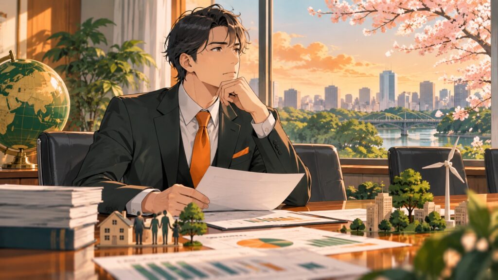 「早く御辞任ください」を題材にした架空の成人人物のアニメ風イラスト