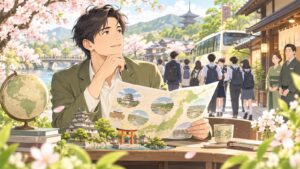 「他府県の観光地が修学旅行を受け入れるチャンスでもありますよね」を題材にした架空の成人人物のアニメ風イラスト