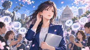 「一国の総理大臣を目指すのであれば、耳が痛い声を受け止める事が出来る人であって欲しいものですけどね」を題材にした架空の成人人物のアニメ風イラスト
