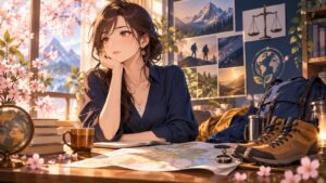 「アウトドアに求められる機能性とは何か、と言う原点に立ち返るべきですよね」を題材にした架空の成人人物のアニメ風イラスト