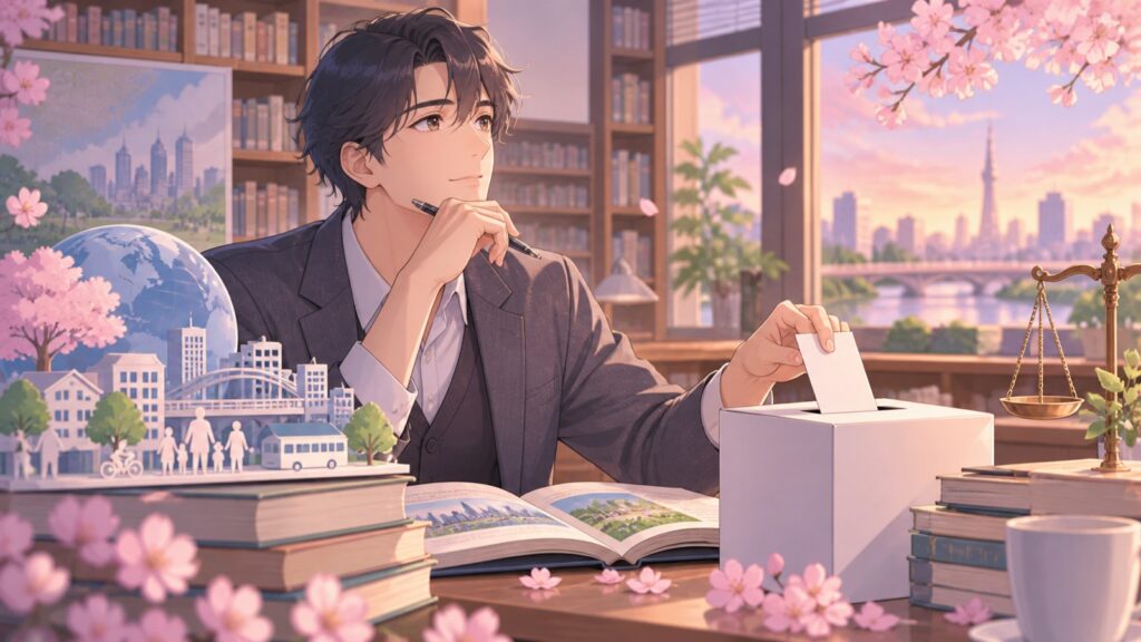 「皆さん、地元の選挙に投票に行きましょうね」を題材にした架空の成人人物のアニメ風イラスト