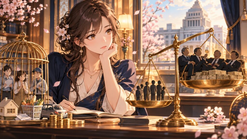 「これが一般人だったら到底無傷では済まされ無い脱税案件ですが、特権階級である議員なら許されるようですね」を題材にした架空の成人人物のアニメ風イラスト