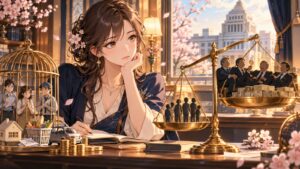「これが一般人だったら到底無傷では済まされ無い脱税案件ですが、特権階級である議員なら許されるようですね」を題材にした架空の成人人物のアニメ風イラスト