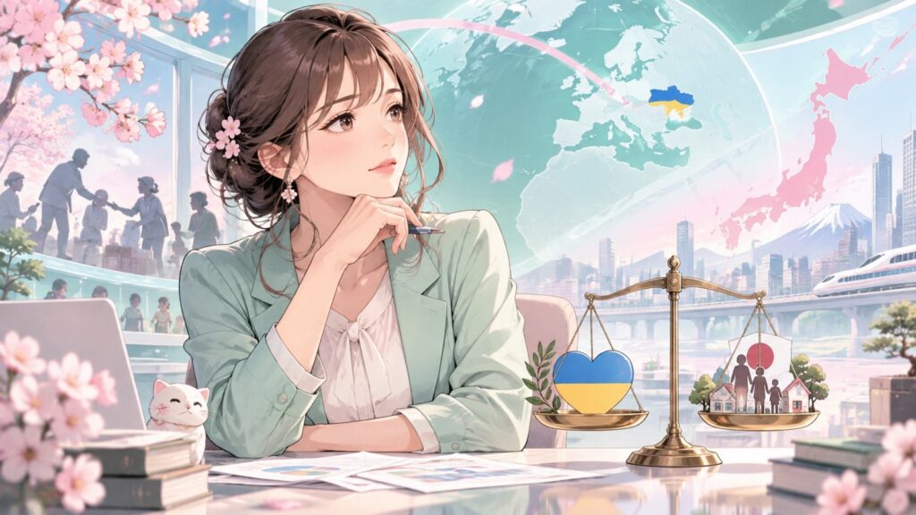 「ウクライナの支援で国際協力する事は必要なんだと思いますが、もはや日本は他国を支援出来る様な強い国では無いので…」を題材にした架空の成人人物のアニメ風イラスト