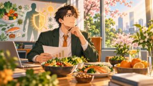 「食べ物と日光でコロナに負けない体をつくりましょう」を題材にした架空の成人人物のアニメ風イラスト