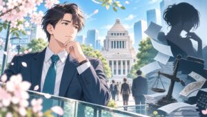「こんな議員、今までいましたか」を題材にした架空の成人人物のアニメ風イラスト