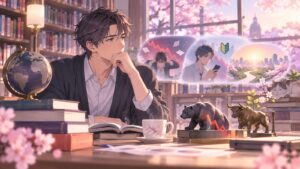 「短期売買をする人、新NISAで株を始めた人はキツイと思いますね」を題材にした架空の成人人物のアニメ風イラスト