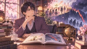 「多くの人にとっては株、投資は長期で保有するもので、NISAなどで新制度を導入して多くの国民を投資の場に引きず…」を題材にした架空の成人人物のアニメ風イラスト