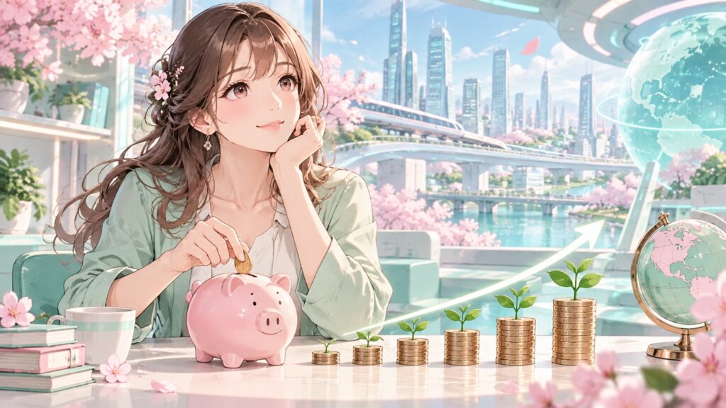 「ドルコスト平均法で毎月コツコツと積み立てするのが良いと思いますね」を題材にした架空の成人人物のアニメ風イラスト