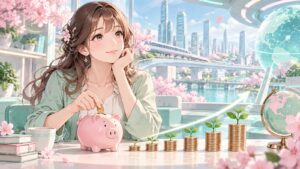 「ドルコスト平均法で毎月コツコツと積み立てするのが良いと思いますね」を題材にした架空の成人人物のアニメ風イラスト