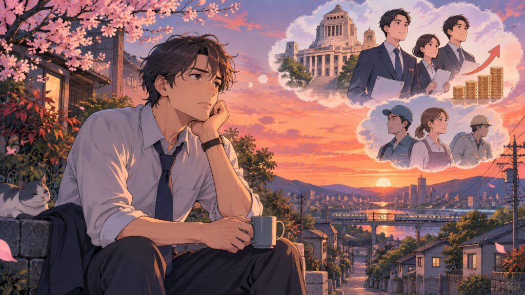 「同じ世代としてはやりきれ無いですよ」を題材にした架空の成人人物のアニメ風イラスト