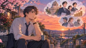「同じ世代としてはやりきれ無いですよ」を題材にした架空の成人人物のアニメ風イラスト