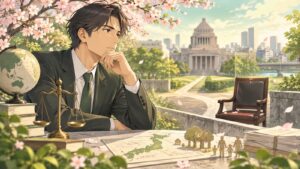 「無責任総理では」を題材にした架空の成人人物のアニメ風イラスト