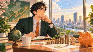 「要するに、慌てる事無く、長期的な視野を持ってコツコツと続ける事が大事では」を題材にした架空の成人人物のアニメ風イラスト