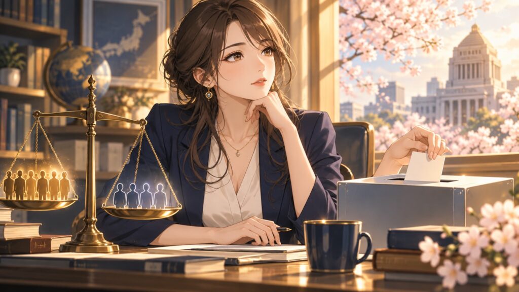 「無投票は支持と同じですからね」を題材にした架空の成人人物のアニメ風イラスト