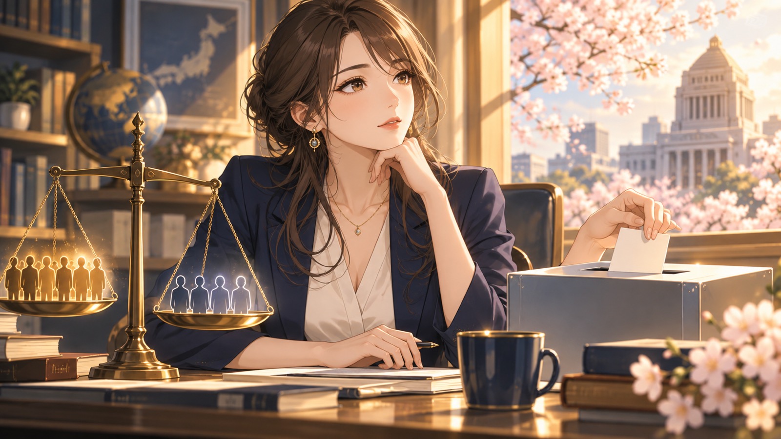 「無投票は支持と同じですからね」を題材にした架空の成人人物のアニメ風イラスト