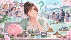 「何故外人か使うインフラの為に私たちが税金を払わ無いと行け無いのでしょうか」を題材にした架空の成人人物のアニメ風イラスト