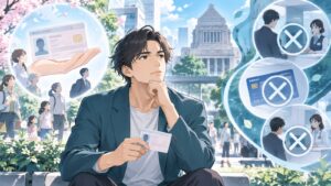 「マイナンバーカードの所持が任意だという大前提が疎かにされてる」を題材にした架空の成人人物のアニメ風イラスト