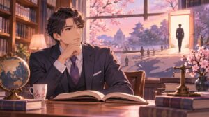 「二階氏はご自身の引き際を考えるべきです」を題材にした架空の成人人物のアニメ風イラスト