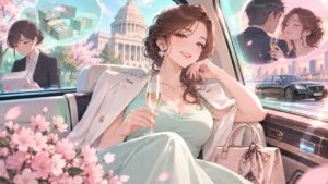 「バレなければ未だに議員に居座り秘書給与を搾取しながらベンツに乗って不倫三昧だったんでしょうね」を題材にした架空の成人人物のアニメ風イラスト