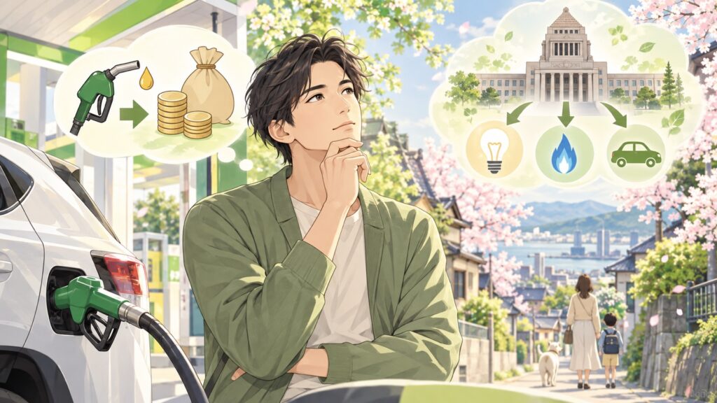 「ガソリンは消費税だけで良いのでは」を題材にした架空の成人人物のアニメ風イラスト