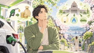 「ガソリンは消費税だけで良いのでは」を題材にした架空の成人人物のアニメ風イラスト