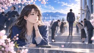 「人は肩書に頭を下げているだけで、その人に頭を下げている訳では無いですからね、本当に偉い人とはその人の後ろ姿を…」を題材にした架空の成人人物のアニメ風イラスト