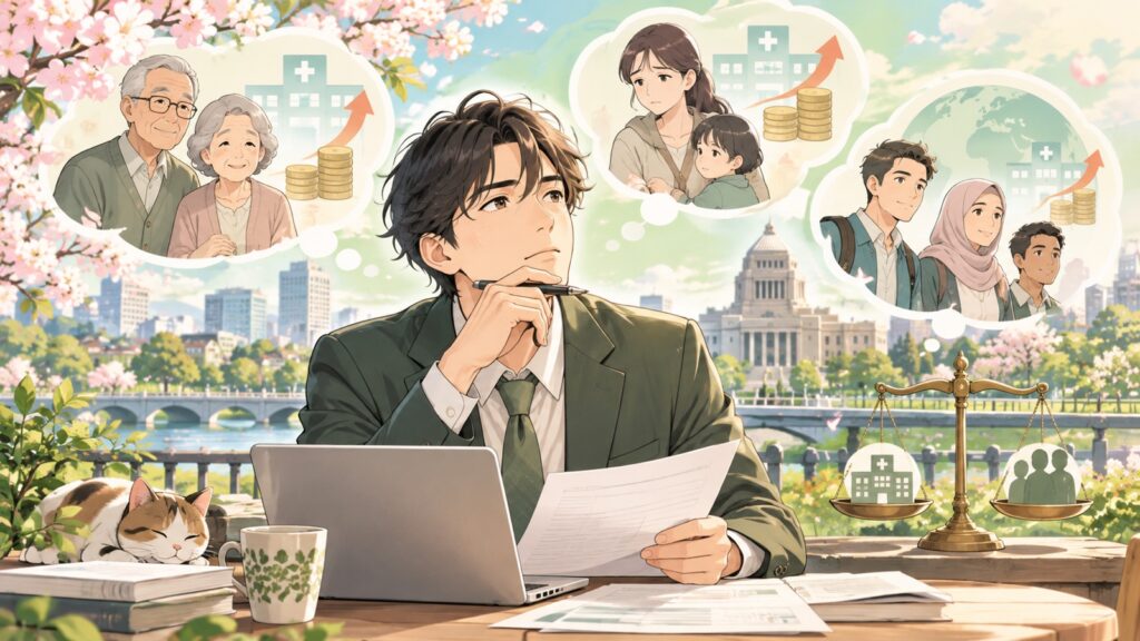 「高齢者の医療費負担増を検討するのも良いですが、生保と外国人の医療費負担増についてなぜ 検討しないのですか」を題材にした架空の成人人物のアニメ風イラスト
