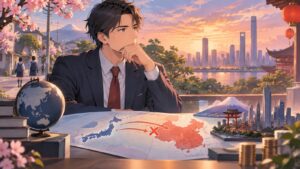 「日本企業は中国への投資を進めるのはもうやめた方が良いのでは」を題材にした架空の成人人物のアニメ風イラスト