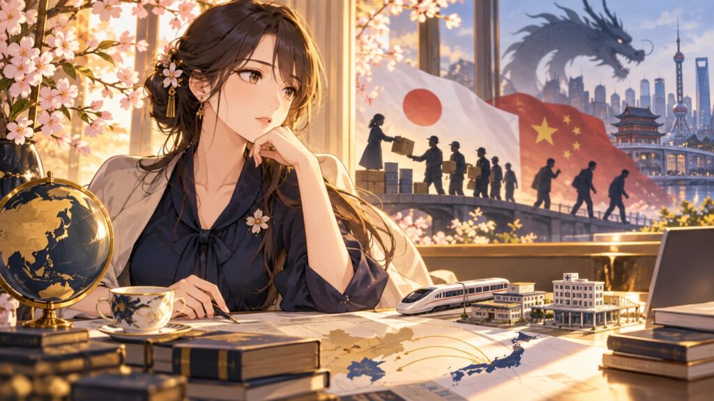「戦後日中友好の下にどれだけ多額のODAと技術供与が行われたか・・・その度にどれだけ裏切られてきたか」を題材にした架空の成人人物のアニメ風イラスト