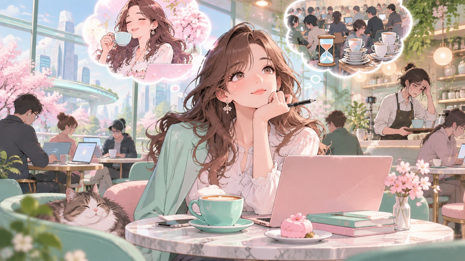 「カフェで勉強や仕事がおしゃれだとか思ってる」を題材にした架空の成人人物のアニメ風イラスト