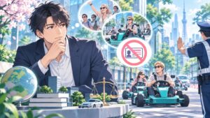 「さすがに無免許を公道に放つのはヤバいですよね」を題材にした架空の成人人物のアニメ風イラスト