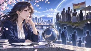 「普通に考えて日本国内で特定の外国人が、土地を占拠し独自のルールや文化を強要すると言うのは、日本においては侵略…」を題材にした架空の成人人物のアニメ風イラスト