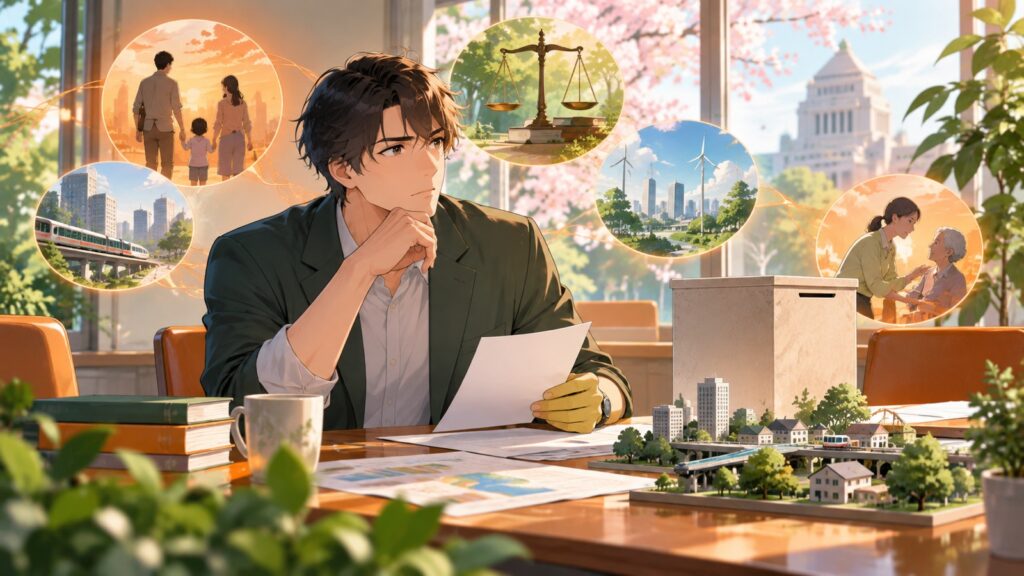 「投票しないってのは権利の放棄ですからね」を題材にした架空の成人人物のアニメ風イラスト