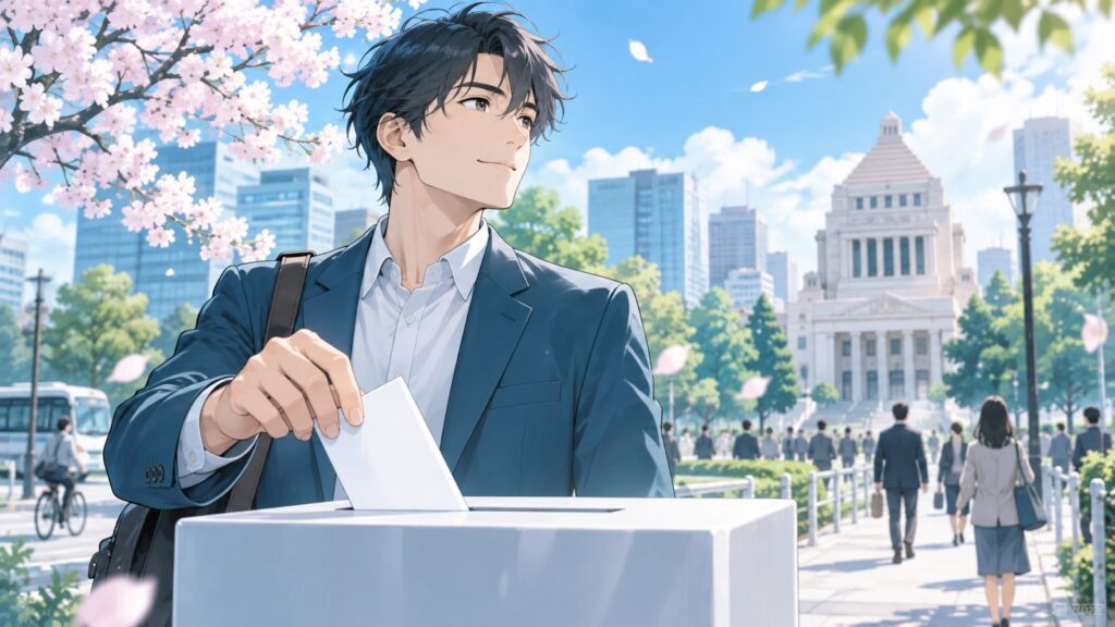 「選挙に行きましょう」を題材にした架空の成人人物のアニメ風イラスト