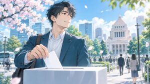 「選挙に行きましょう」を題材にした架空の成人人物のアニメ風イラスト
