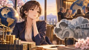 「IMFは日本国民の事など全く眼中に無いですね」を題材にした架空の成人人物のアニメ風イラスト