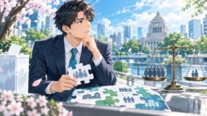 「比例制度は全く必要無いと思います」を題材にした架空の成人人物のアニメ風イラスト