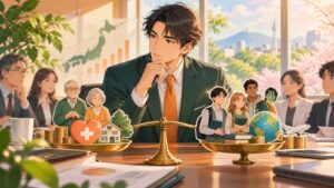 「高齢者の負担を増やす必要もありますけど、まず外国人留学生の負担をもっと増やすべきでは」を題材にした架空の成人人物のアニメ風イラスト