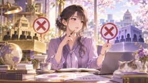 「単純に「与党にNO」なのでは無く「立憲にもNO」なのです」を題材にした架空の成人人物のアニメ風イラスト