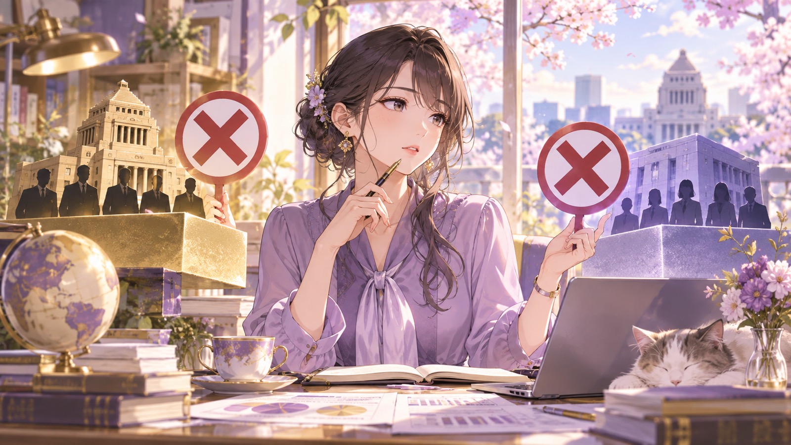 「単純に「与党にNO」なのでは無く「立憲にもNO」なのです」を題材にした架空の成人人物のアニメ風イラスト