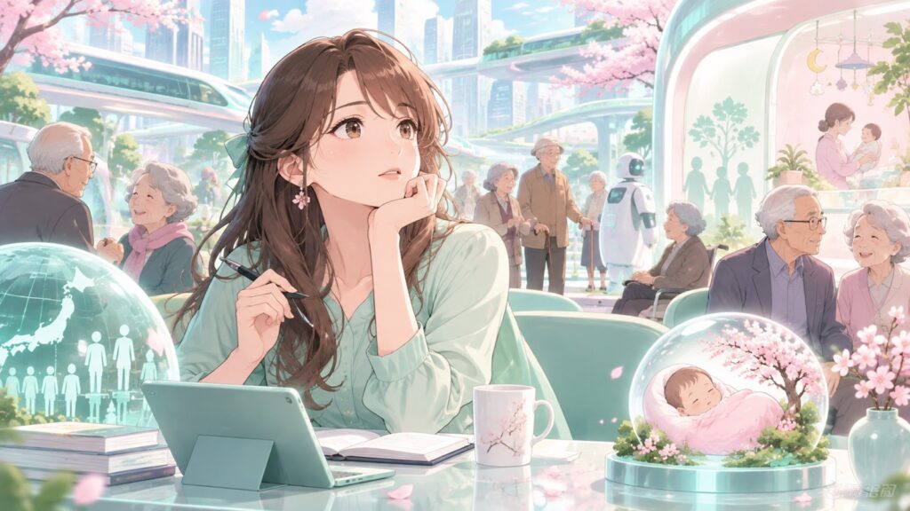 「周りを見渡せば高齢者ばかりですからね」を題材にした架空の成人人物のアニメ風イラスト