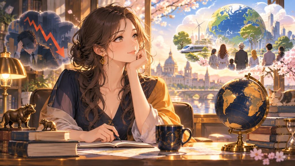 「投資家にとってはキツいかもしれないけど、人類にとっては良かったのでは」を題材にした架空の成人人物のアニメ風イラスト