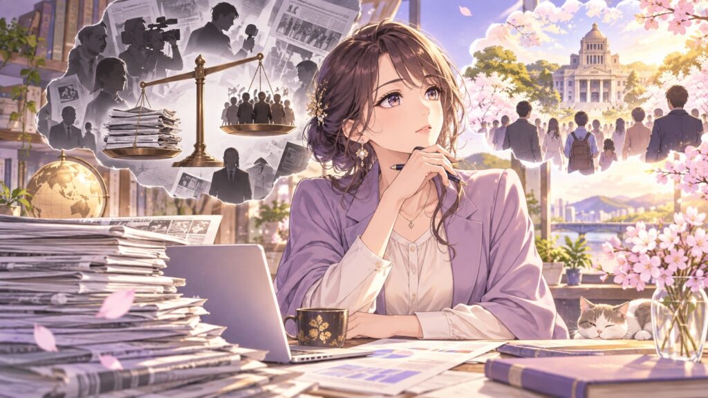 「今までのマスコミ報道はなんだったのか」を題材にした架空の成人人物のアニメ風イラスト