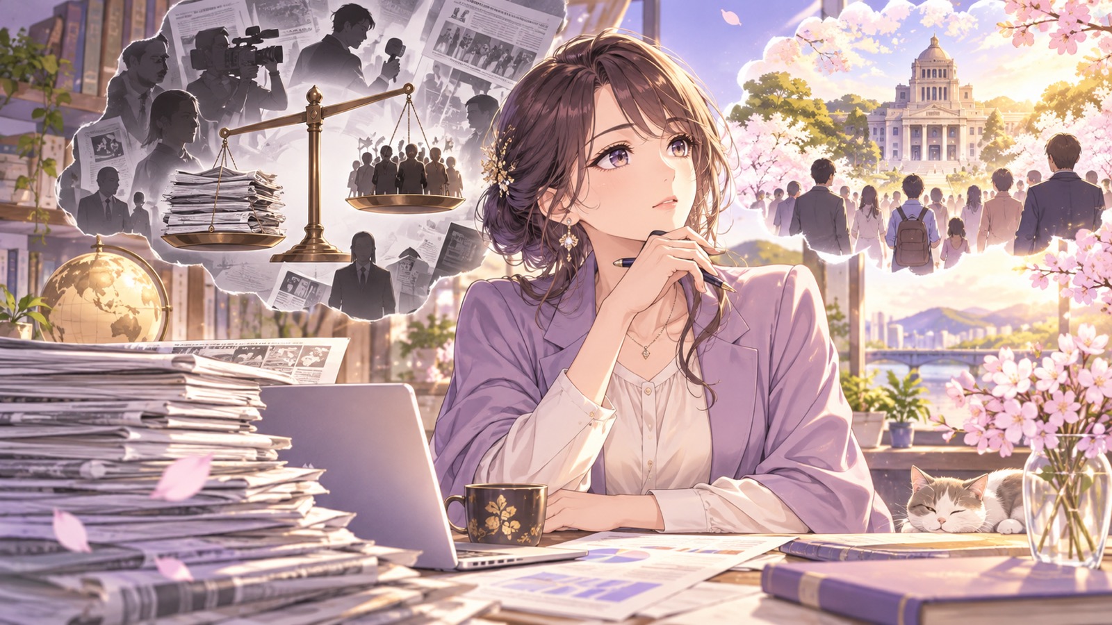 「今までのマスコミ報道はなんだったのか」を題材にした架空の成人人物のアニメ風イラスト