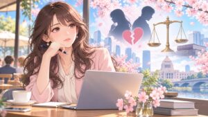「不倫は民事上も不法行為ですよ」を題材にした架空の成人人物のアニメ風イラスト